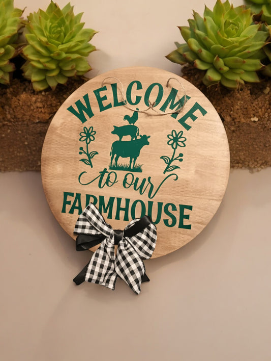 Welcome To Our Farmhouse Sign - Golden Oak / Green