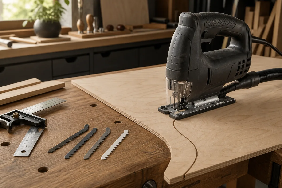 Corded jigsaw on plywood with a curved cut and spare jigsaw blades