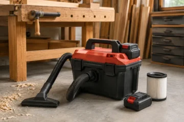 Cordless portable shop vacuum with hose, floor nozzle, spare battery and pleated filter beside a woodworking bench