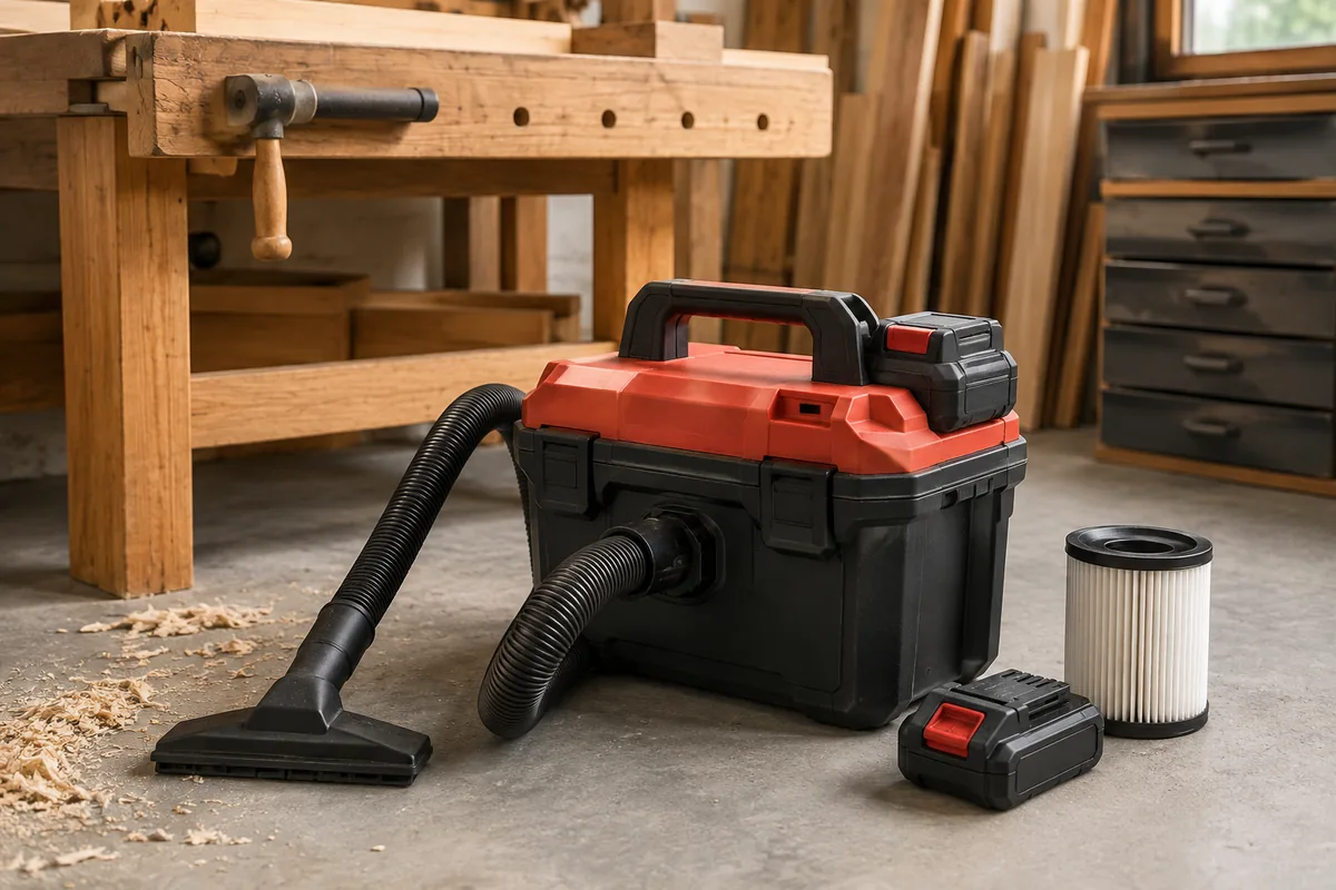 Cordless portable shop vacuum with hose, floor nozzle, spare battery and pleated filter beside a woodworking bench