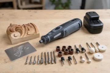 Cordless rotary tool with carving burrs, sanding drums and polishing wheels beside engraved wood and metal