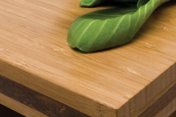 Manufacturer photo showing the corner and laminated edge of a Teragren bamboo countertop.