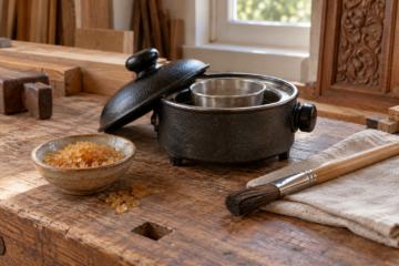 AI-generated editorial illustration of hide glue pot