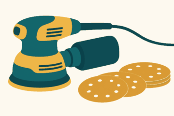 Editorial illustration: random orbital sander beside circular sanding discs.