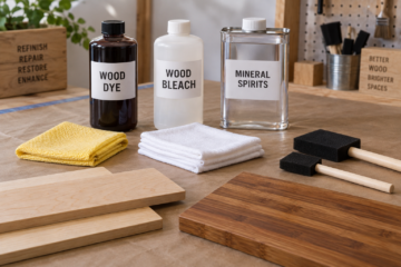 Editorial illustration of folded yellow and white wiping cloths, sample boards and separate refinishing supplies.