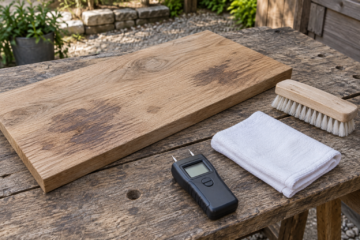 AI-generated editorial illustration of a discolored wood board, scrub brush, wiping cloth and two-pin moisture meter with blank display.