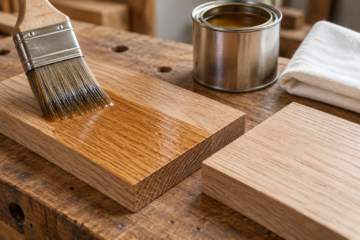 AI-generated editorial illustration: brush applying a clear wood finish to a board beside an unfinished offcut.