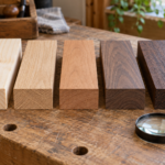 AI-generated editorial illustration: five wooden board samples showing different grain textures and colors.