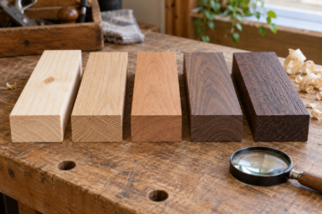 AI-generated editorial illustration: five wooden board samples showing different grain textures and colors.