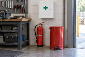 AI-generated editorial illustration of workshop emergency station