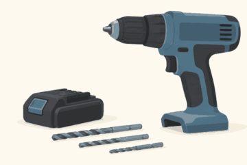 Editorial illustration of an unbranded cordless power drill beside its detached battery and drill bits, switched off