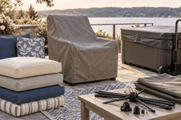 Patio cushions, furniture cover, spa cover/lifter, outdoor rug and umbrella ribs/fittings.