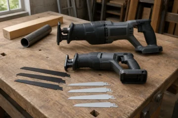 Full-size and compact cordless reciprocating saws beside wood-cutting and metal-cutting blades, timber and a steel pipe