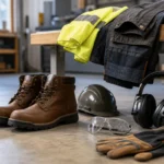 Work boots, safety glasses, earmuffs, gloves and a hard hat beside a workbench