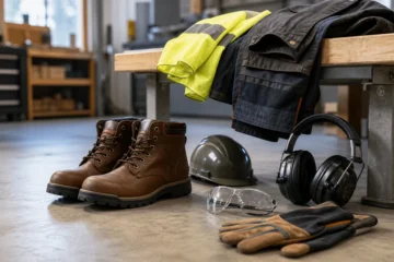 Work boots, safety glasses, earmuffs, gloves and a hard hat beside a workbench
