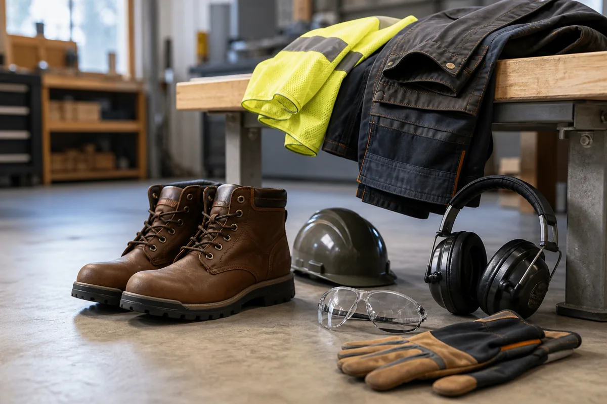 Work boots, safety glasses, earmuffs, gloves and a hard hat beside a workbench